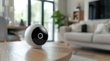 Wireless security camera on table in home living room. AI generated image