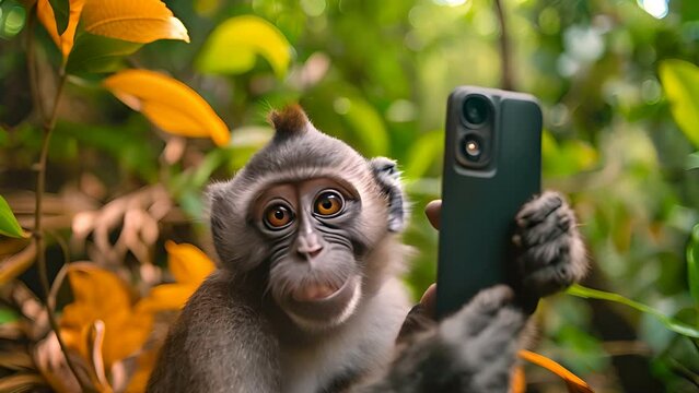 monkey taking a selfie with his mobile phone, generative ai.