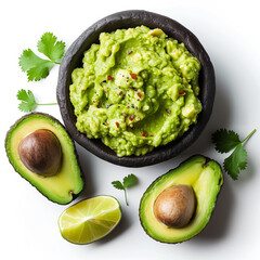 Top view of guacamole sauce in bowl and avocados on white background.