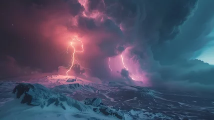 Keuken spatwand met foto A beautiful landscape photograph of a mountain range during a lightning storm. © Iqor
