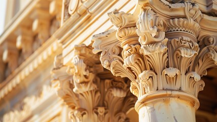 Close-up of a classical column's ornate capital, showcasing intricate architectural detail - obrazy, fototapety, plakaty