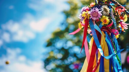 A festive maypole wrapped with bright ribbons and spring flowers under a clear blue sky - obrazy, fototapety, plakaty