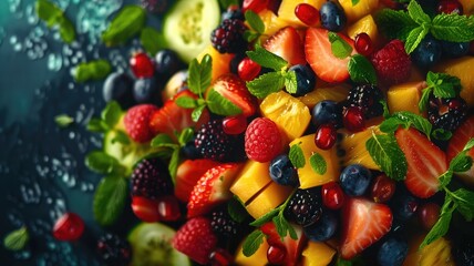 Fresh colorful fruit salad with mint on a dark moody background © Artyom