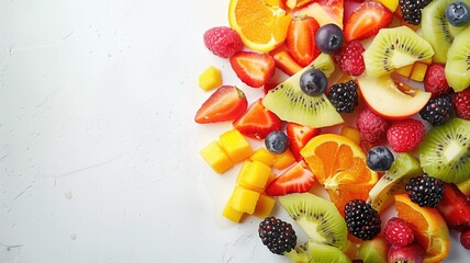 A vibrant medley of fresh fruits cut into pieces on a white background