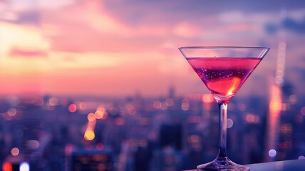 Martini against a blurred city skyline at sunset, symbolizing urban nightlife - obrazy, fototapety, plakaty