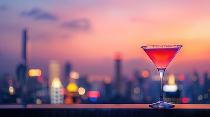 A cosmopolitan cocktail in a martini glass against a blurred city skyline at dusk - obrazy, fototapety, plakaty