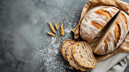 Zelfklevend Fotobehang Artisan bread loaf sliced open, showcasing the craft of baking © Artyom