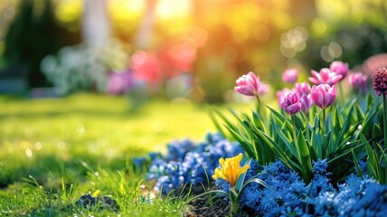 Glorious tulips and blue flowers bask in the warm, golden sunlight of a fresh spring morning