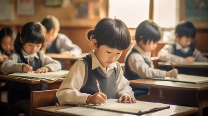 Crianças japonesas concentradas na sala de aula escrevendo
