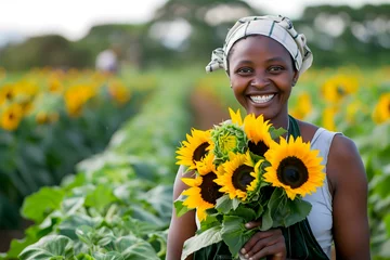 Rolgordijnen A beaming black woman in a headscarf, embracing a lush bouquet of sunflowers in a vibrant, sun-kissed field.  © RaptorWoman