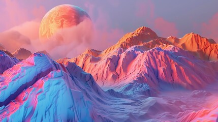 The image is a beautiful landscape of a mountain range at sunset.