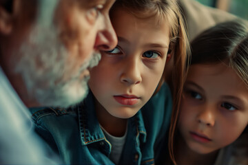 An adult with a serious expression looks down at two children, showing concern and authority in a close family moment.