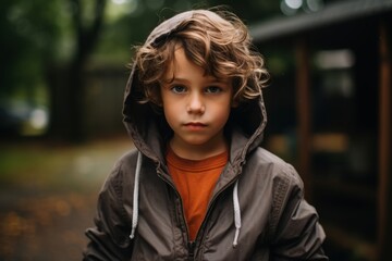 Portrait of a boy in a hooded jacket in the park