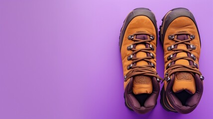 Hiking Boots on Purple Background Ready for Adventure