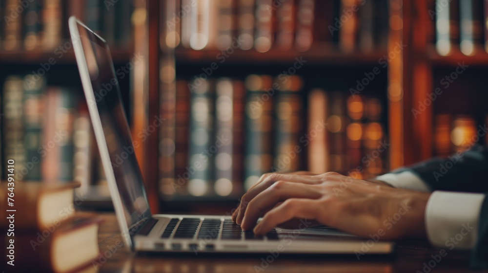 Poster close-up of hands typing on a laptop with library bookshelves in the background