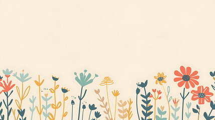 Minimalist colorful plain background with some flowers and plants on the edges, copy space