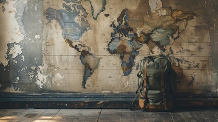 Traveler's vintage backpack against an aged world map, adventure awaits - obrazy, fototapety, plakaty