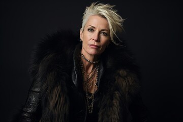 Beautiful mature woman in a fur coat on a black background.