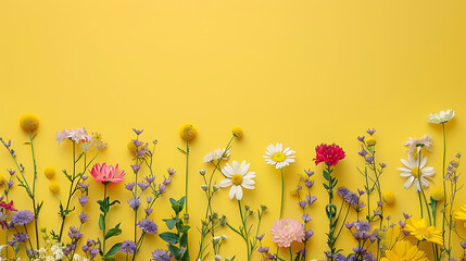 Minimalist colorful plain background with some flowers and plants on the edges, copy space