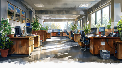 Fototapeta na wymiar the office space of a business call center, in an interior decor-themed, Horizontal format in JPG, watercolor Illustration. Generative ai