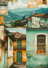 Collage of Rio De Janeiro city Brazil portrait, with beautiful tropical style artwork, with beautiful painted whitewashed walls, tropical plants, beach, landscape, tropical architecture, latin culture