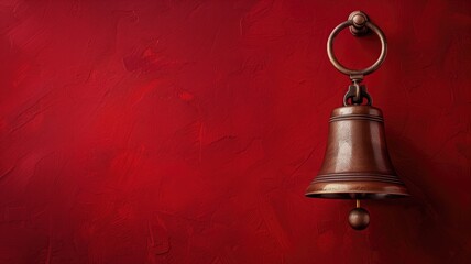 Obraz premium An antique bronze bell hangs against a richly textured red wall, evoking a sense of tradition and history