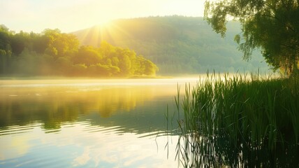 Serene lake scene at sunrise with reeds and trees