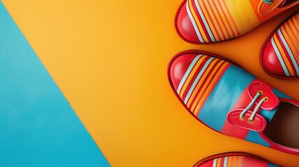 Brightly colored striped shoes on a bold yellow and blue background creating a vibrant fashion statement