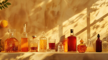 Assorted spirit bottles bask in the warm, golden light of sunset, casting long shadows on a textured background - obrazy, fototapety, plakaty