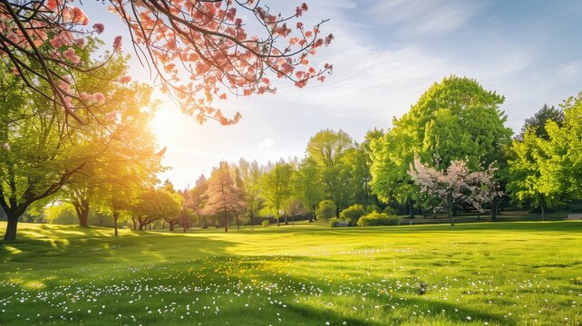 Blossoms frame a sunlit park, lush with spring's touch