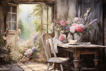 Fototapeta na wymiar Rustic cottage interior with blooming garden view