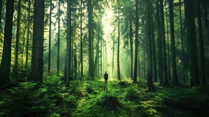 A solitary figure stands in a lush, green, misty forest exuding mystery