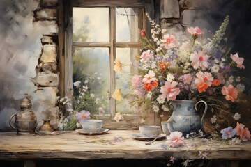 Fototapeta na wymiar Serene setting with an old window, wildflowers, teapot, and cups on a wooden sill