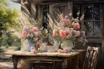 Fototapeta na wymiar Rustic garden table with blossoming flowers