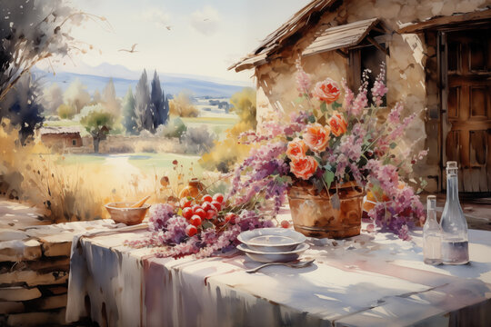 Idyllic countryside still life with blossoms and fruit