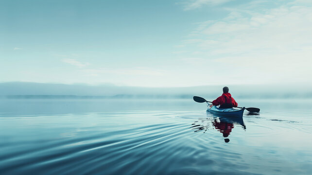 Serene scene of a solo kayaker on a calm lake with mountain reflections and soft light