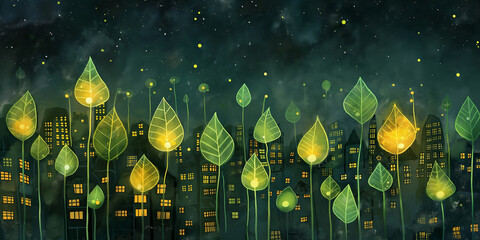 Enchanting Nighttime Cityscape Interwoven with Luminous, Leafy Trees Under a Starry Sky - obrazy, fototapety, plakaty