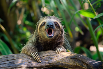 Naklejka premium Curious Sloth Overlooks From Tree Amidst Vibrant Green Foliage