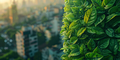 Vibrant Green Leaves Cloaking Cityscape With Sun-Kissed Dew Drops - obrazy, fototapety, plakaty