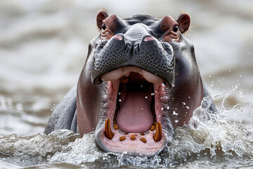 Hippopotamus Emerging From Water With Wide-Open Mouth Displaying Teeth - obrazy, fototapety, plakaty