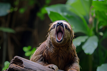 Fototapeta premium Captivating Portrait of a Yawning Sloth in its Natural Rainforest Habitat