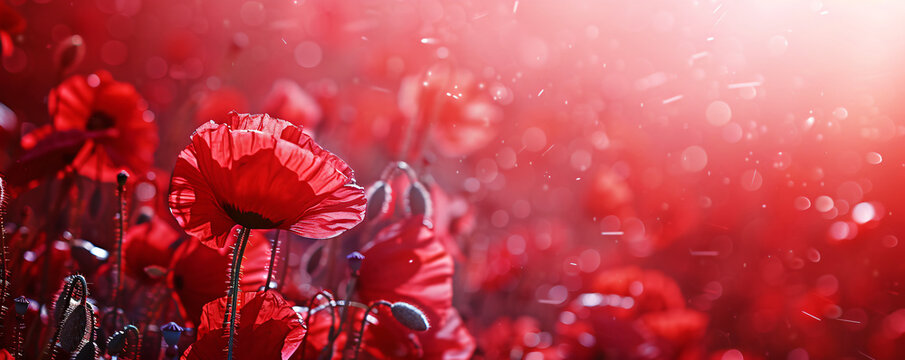 Close up of red poppy flowers on a blurred red field background, border design with copy space, studio shot in a vibrant color scheme with natural light