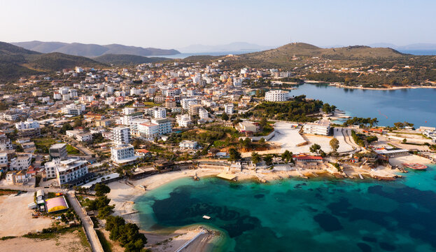 High angle view of Ksamil, village on shore of Ionian Sea in Albanian Riviera.