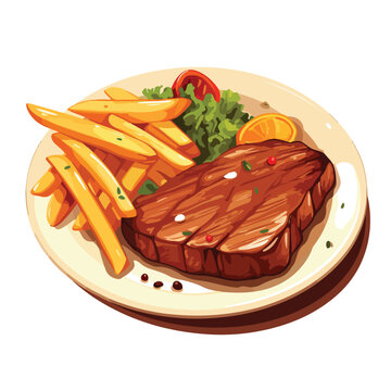 Beef steak with fries flat vector illustration isol