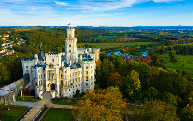Scenic aerial view of one of most impressive castles in Czech Republic - medieval Hluboka castle in...