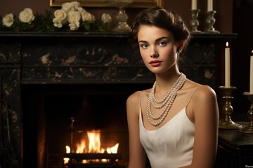 Fireplace setting with a model wearing a classic pearl necklace and matching earrings.