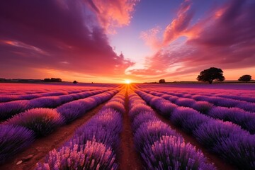 Impressionist sunset  lavender field in serene countryside with soft purple and golden sky
