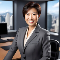 portrait/studio photograph/headshot of a smiling, short-haired, middle-aged Asian model businesswoman wearing a gray business suit seated at office desk - confident, competent employee or executive