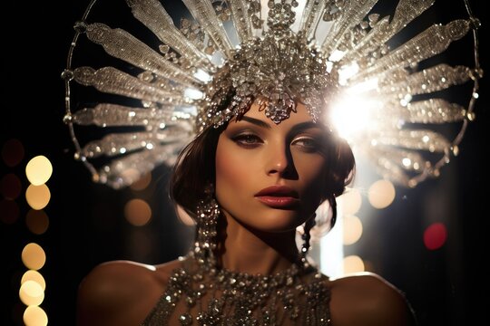 Glamorous New Year's Eve party with a focus on a woman wearing a crystal-encrusted headpiece.