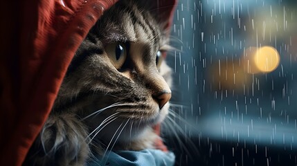 A cat takes shelter under an awning, watching the rain with curiosity.  - obrazy, fototapety, plakaty